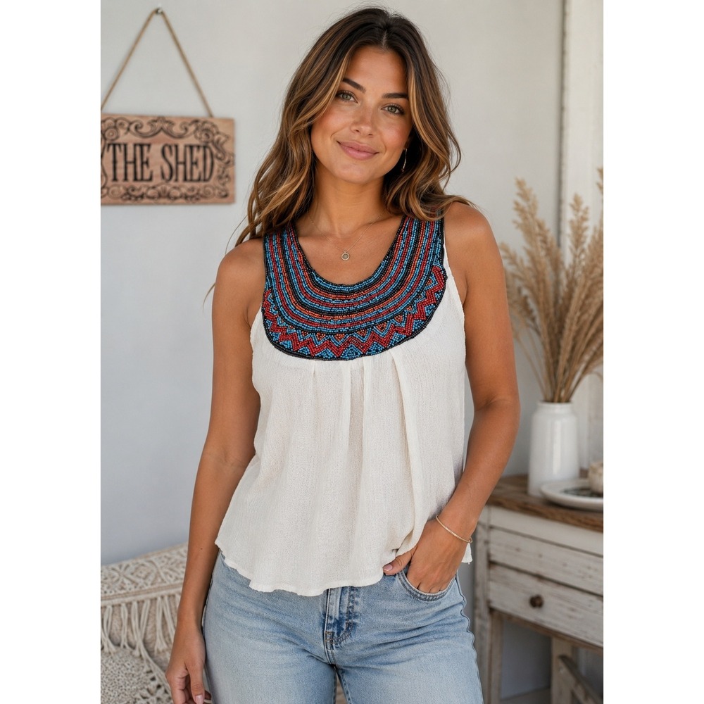 New Lace + Whiskey Beaded Halter Tank‎ Top Ivory Medium Boho Festival Chic Gypsy